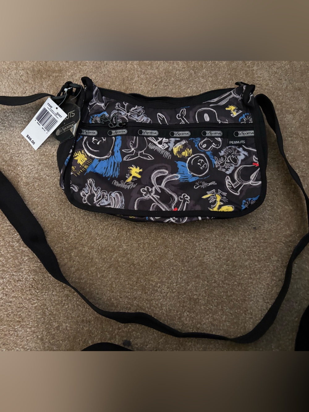 Lesportsac Peanuts bag, Black Crossbody Messenger with Yellow and Blue Accents